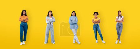 Photo for Happy multiethnic millennial ladies posing on colorful yellow background, collection of full length studio photos, collage. Cheerful positive stylish attractive young women, banner - Royalty Free Image