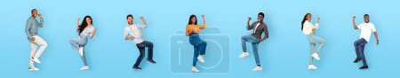 Photo for Emotional happy beautiful multiethnic millennials celebrating success on colored blue background, collection of full length studio shots of excited men and women gesturing and smiling, banner - Royalty Free Image