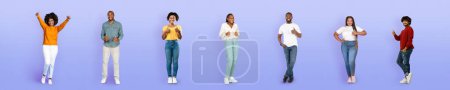 Photo for Joyful happy multiracial young people men and women in casual showing thumb ups and smiling on purple studio background, recommending something, full length, web-banner, collage - Royalty Free Image