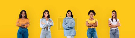 Photo for Mosaic of cheerful pretty millennial multiethnic women posing with arms crossed on chest on colored yellow background, collection of studio shots, banner, collage for feminine culture - Royalty Free Image