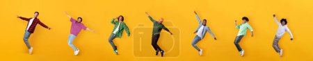 Foto de Feliz multiétnico millennial chicos bailando sobre fondos de color naranja, colección de fotos de estudio de larga duración, collage. alegre positivo elegante jóvenes que se divierten, bandera - Imagen libre de derechos