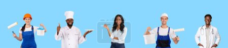Téléchargez les photos : Concept d'emploi. Diverses personnes de différentes professions posant sur fond bleu, Groupe multiethnique d'hommes et de femmes en uniforme souriant et regardant la caméra, Collage créatif, Panorama - en image libre de droit