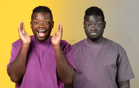 Foto de Cambios de humor. Collage of African American Guy Expresando emoción y decepción sobre el fondo amarillo con la transición en blanco y negro. Emociones positivas versus negativas, salud mental - Imagen libre de derechos