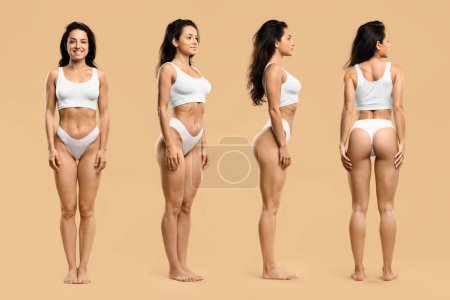 Smiling Beautiful Young Woman Demonstrating Her Fit Athletic Body In Different Angles, Attractive Female Wearing Underwear Posing Over Beige Background In Studio. Front, Side And Back View, Collage