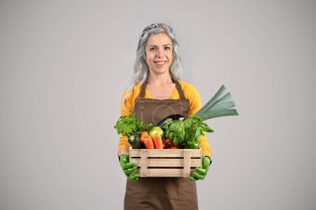 Foto de Mujer mayor sonriente en delantal con elegante pelo gris sostiene caja con verduras frescas y coloridas, aisladas sobre fondo gris. Estilo de vida, alimentación saludable y bienestar en años maduros - Imagen libre de derechos