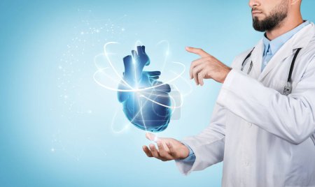 Photo for Doctor in white lab coat and stethoscope showcases floating 3D holographic heart with glowing connections and paths, on serene blue background, symbolizing advanced medical technology - Royalty Free Image