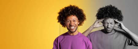 Photo for Glad and sad millennial african american man suffer from depression, headache on yellow and gray background, panorama. Mental problems, stress emotions, migraine and panic - Royalty Free Image