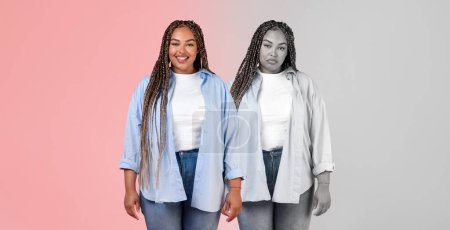Photo for Cheerful, upset, tired millennial black lady plus size sad on pink and gray background, studio, panorama. Mental problems, stress emotions and depression from overweight, pms - Royalty Free Image