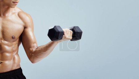 Photo for Cropped shot of fit muscular man with perfect abs torso flexing arm muscles with dumbbell, standing shirtless over gray studio background. Strength workout and bodybuilding. Panorama, copy space - Royalty Free Image