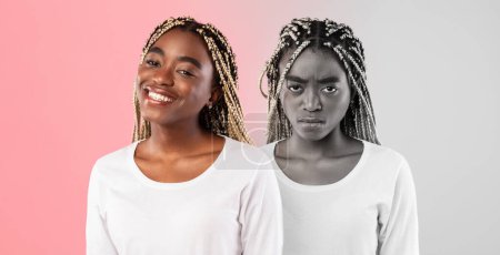 Photo for Smiling, angry, sad, tired millennial black woman feeling bad on pink and gray background, studio, panorama. Mental problems, stress emotions, pms mood and depression diseases, overwork - Royalty Free Image