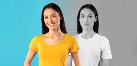 Photo for Smiling and sad millennial caucasian woman suffer from depression, pms on blue and gray background, panorama. Mental problems, stress and pressure, people emotions, close up - Royalty Free Image