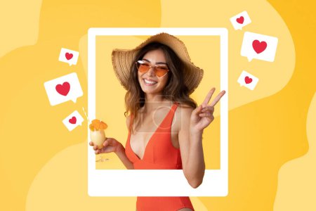 Photo for Social media. Smiling woman in swimsuit, hat and sunglasses enjoys cocktail and showing peace sign in photo frame, posing among hearts and likes notifications on yellow studio background, collage - Royalty Free Image