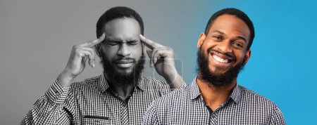 Photo for Glad, sad, unhappy millennial black man suffer from depression, headache, on blue and gray background, panorama. Mental problems, stress emotions, disease and panic, migraine - Royalty Free Image