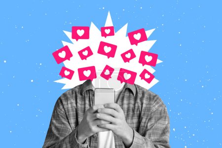 Téléchargez les photos : Homme monochrome méconnaissable utilisant un téléphone mobile ayant éclaté d'icônes de cœur de médias sociaux au lieu de la tête, posant submergé par les médias sociaux aime notifications, fond bleu, panorama - en image libre de droit