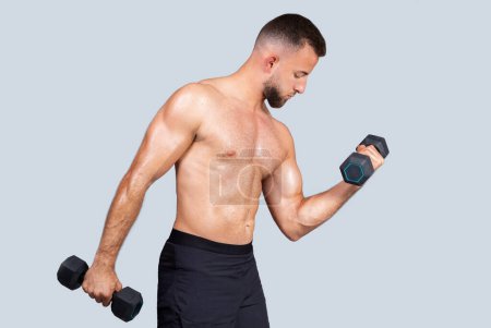 Photo for Focused sweat muscular young european guy athlete with naked torso, enjoy strength power workout for muscle biceps, make exercises with dumbbells, isolated on gray studio background - Royalty Free Image