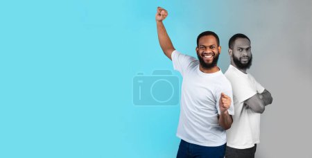 Photo for Composite image of african american man expressing contrasting emotions, black young male feeling happy and sad, demonstrating complex human feelings, suffering mood swings, creative collage - Royalty Free Image
