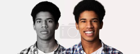 Foto de Retratos de un joven negro expresando emociones contrastantes, sintiéndose feliz y triste, un hombre afroamericano milenario sufriendo cambios de humor, teniendo trastorno bipolar o problemas mentales, collage - Imagen libre de derechos