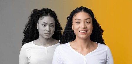Photo for Composite image of african american woman expressing contrasting emotions, black young female feeling happy and sad, demonstrating complex human feelings, suffering mood swings, creative collage - Royalty Free Image