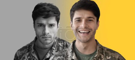 Photo for Creative Collage With Young Male Soldier Expressing Different Moods, Composite Image With Caucasian Man In Camouflage Uniform Feeling Happy And Upset, Suffering PTSD Or Depression, Panorama - Royalty Free Image