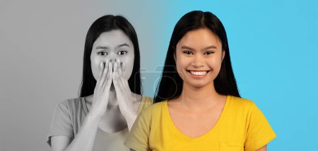 Photo for Asian Woman With Down Syndrome Suffering Mood Swings, Young Thai Female Expressing Happy And Sad Emotions, Feeling Joyful And Anxious, Having Mental Problems, Creative Collage, Panorama - Royalty Free Image