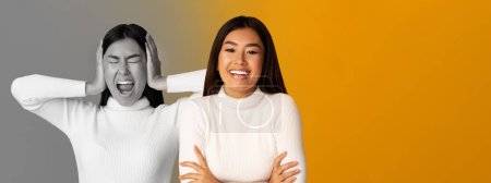 Photo for Mental Breakdown. Young asian woman expressing contrasting emotions, korean female feeling happy and anxious, joyful and stressed, demonstrating complex human feelings, suffering mood swings - Royalty Free Image