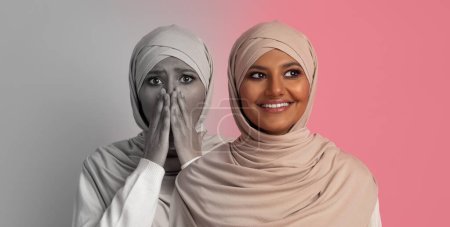 Foto de Problemas mentales. Mujer musulmana joven en hiyab que sufre cambios de humor, mujer árabe religiosa sintiéndose feliz y ansiosa, teniendo diferentes emociones, expresando sentimientos humanos complejos, collage - Imagen libre de derechos
