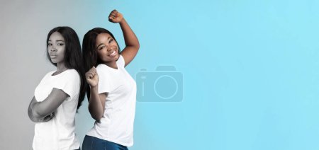 Foto de Concepto de cambios de humor. Mujer afroamericana joven que expresa emociones contrastantes, mujer negra milenaria que se siente feliz y molesta, que tiene problemas mentales, que sufre un trastorno bipolar, collage - Imagen libre de derechos