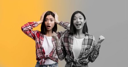 Photo for Creative collage with young asian woman expressing contrasting emotions, millennial female feeling happy and sad, excited and anxious, demonstrating complex human feelings, suffering mood swings - Royalty Free Image