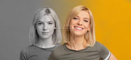 Photo for Portraits Of Young Woman Expressing Contrasting Emotions, Feeling Happy And Sad, Millennial Lady Suffering Mood Swings, Having Bipolar Disorder Or Mental Problems, Creative Collage, Panorama - Royalty Free Image