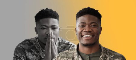 Photo for Depression Concept. Black male soldier in uniform displaying mixed emotions, feeling happy and sad, african american military guy suffering PTSD, expressing different mood, creative collage - Royalty Free Image