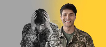Photo for PTSD Concept. Male soldier in uniform displaying mixed emotions, feeling happy and sad, military person suffering post-traumatic stress disorder, creative collage with man expressing different mood - Royalty Free Image