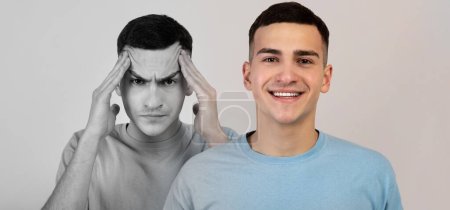 Photo for Mental Problems. Young Man Expressing Different Emotions, Felling Happy And Sad, Creative Collage With Millennial Guy Suffering Mood Swings, Having Bipolar Disorder, Creative Collage, Panorama - Royalty Free Image