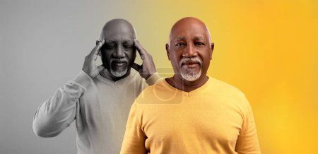 Photo for Bipolar Disorder Concept. Senior African American Man Suffering Mood Swings, Feeling Happy And Sad, Creative Collage With Black Male Portraits Expressing Different Emotions, Good And Bad Feelings - Royalty Free Image