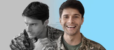 Photo for Bipolar Disorder Concept. Male Soldier Expressing Happy And Sad Mood, Man In Military Uniform Having Different Emotions, Suffering PTSD Or Depression, Feeling Joyful And Sad, Creative Collage - Royalty Free Image