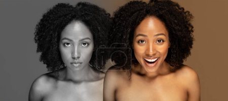 Photo for Cyclothymia Disorder. Portraits Of Young Black Woman Expressing Different Emotions, African American Female Suffering Mood Swings, Having Mental Problems, Creative Collage, Panorama - Royalty Free Image