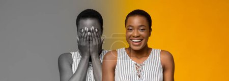 Foto de Concepto de trastorno bipolar. Joven mujer afroamericana que sufre cambios de humor, sentirse feliz y triste, collage creativo con retratos femeninos negros que expresan diferentes emociones, buenos y malos sentimientos - Imagen libre de derechos