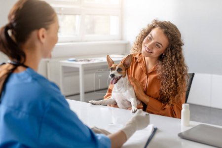 Foto de Mujer rizada alegre sosteniendo su alegre Jack Russell Terrier mientras discutía con el veterinario durante un chequeo de rutina en una oficina bien iluminada - Imagen libre de derechos