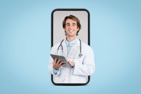 Photo for Friendly man doctor with tablet on big smartphone screen, isolated on blue background, studio, collage. Medical consultation app remotely and blog website - Royalty Free Image