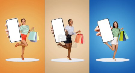 Photo for Energetic shopper ladies in trendy outfits jumping with blank smartphones in hand over colorful backgrounds, happy multiethnic females holding shopping bags and smiling, enjoying modern app, mockup - Royalty Free Image