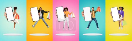 Photo for Diverse People With Shopping Bags And Blank Smartphones Jumping On Colorful Backgrounds, Happy Multiethnic Men And Women Advertising Online Stores Or App With Sales, Collage, Mockup - Royalty Free Image