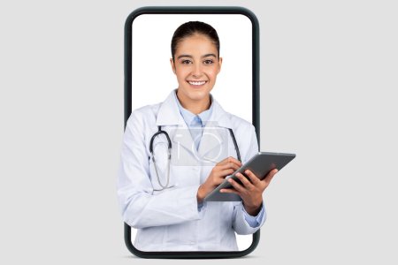 Photo for An amiable glad european lady doctor with a digital tablet smiles warmly, framed within a smartphone outline, representing the accessibility of telehealth services, collage - Royalty Free Image