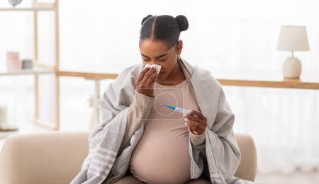 Kranke schwangere junge schwarze Frau niest in Serviette und überprüft Körpertemperatur mit Thermometer, bekommt Erkältung oder Grippe, sitzt zu Hause auf Couch, in warme Decke gehüllt