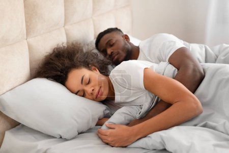 Téléchargez les photos : Aimant jeune couple noir ayant une matinée confortable, câlinant ensemble dans leur sommeil, couché sur le lit à la maison. Épouses millénaires reposant sur des oreillers doux dans la chambre à coucher, faisant la sieste et s'embrassant - en image libre de droit