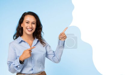 Photo for Friendly businesswoman pointing fingers aside at white bubble with empty space for text on blue backdrop, advertising great business service or job offer, showing mockup place, collage, panorama - Royalty Free Image