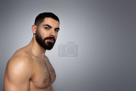 Photo for Portrait of attractive muscular middle eastern man with naked torso and smooth skin standing isolated over grey background, panorama with copy space. Shirtless guy posing at studio, looking at camera - Royalty Free Image