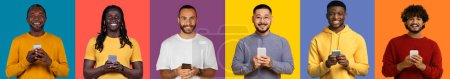 Photo for Group of six men with joyful expressions using smartphones, each dressed in colorful sweaters and shirts against a background of contrasting vibrant colors. Modern communication, social networks - Royalty Free Image