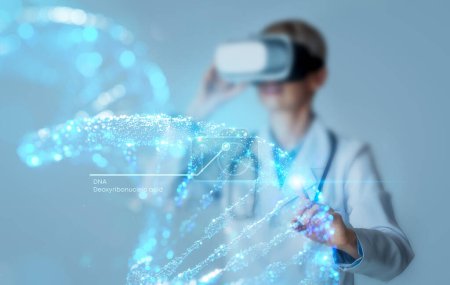 Photo for Virtual training and practice for medical workers. Woman doctor geneticist in virtual reality glasses touching hologram 3D model of DNA chain on grey background, collage - Royalty Free Image
