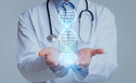 Photo for Cropped of medical doctor geneticist hands holding DNA chain hologram over grey background. Consultation with geneticist, modern healthcare concept, collage - Royalty Free Image