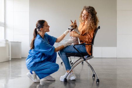 Téléchargez les photos : Amical vétérinaire s'agenouille sur le sol pour saluer heureux Jack Russell Terrier assis sur les genoux des propriétaires, créant une atmosphère détendue dans la clinique vétérinaire - en image libre de droit
