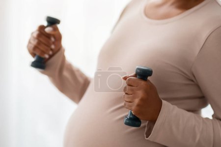Photo for Cropped of expecting black woman with big tummy exercising with barbells, standing next to window at home. Unrecognizable african american pregnant lady doing workout, closeup - Royalty Free Image